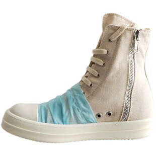 Rick RO鞋子高帮鞋帆布鞋复线新款米白色蓝褶皱帆布暗黑男女潮鞋