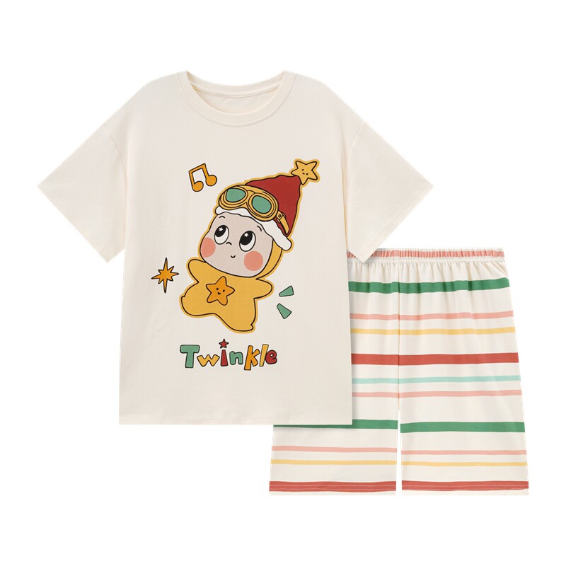 条纹女款夏季纯棉短袖大码家居服
