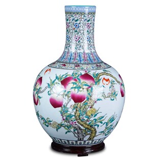 景德镇陶瓷中式花瓶九桃天球瓶客厅电视柜博古架插花仿古装饰摆件