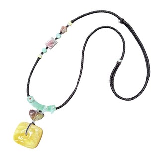 俄料黄蜜蜡天然琥珀方藏扣吊坠翡翠盐源玛瑙编绳毛衣颈项链首饰品