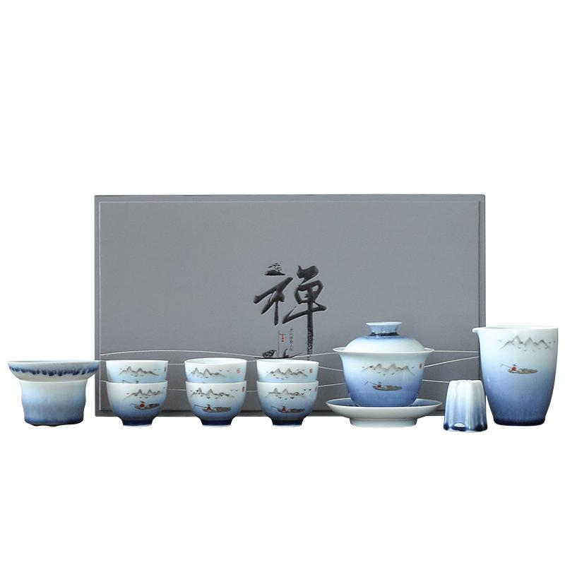 手绘窑变釉盖碗山水功夫茶具套装