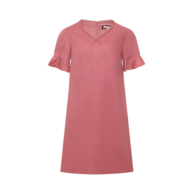[亚麻]GEGINA吉吉娜26春夏新品V领珠链纯色连衣裙宽松遮肚娃娃裙