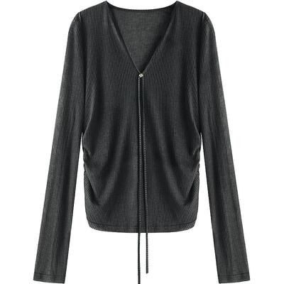 COCOBELLA亲肤微透视抽褶针织衫女飘带装饰V领内搭打底衫MZ3191