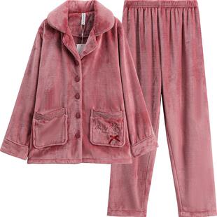 芬腾法兰绒女士睡衣秋冬加绒加厚珊瑚绒妈妈中老年家居服套装冬季