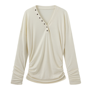 SHALL NOT UNTRUE兰精天丝V领长袖T恤女内搭堆叠感收腰打底衫上衣