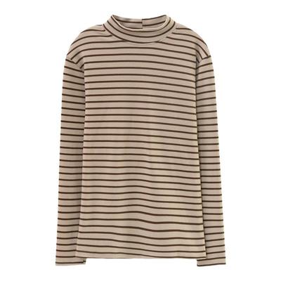 保暖加绒半高领可外穿打底衫女新款2025秋冬季双面德绒横条纹长袖