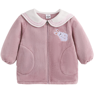 女宝宝法兰绒罩衣长袖秋冬小孩羽绒服防脏可爱罩衫儿童拉链护衣冬