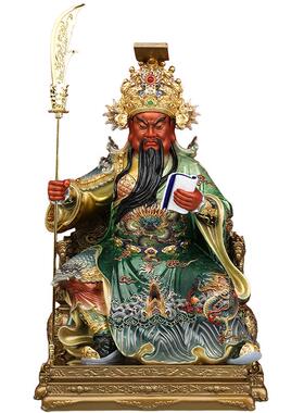 黄铜彩绘绿袍关公神像摆件带冠帽