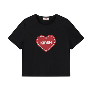 樱桃KIRSH 撞色爱心印花短袖T恤女2026夏韩系休闲少女感短款上衣
