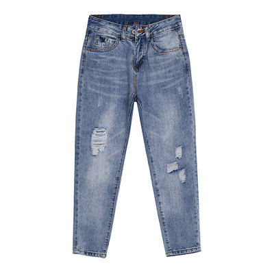 春夏破洞港味复古风九分牛仔裤