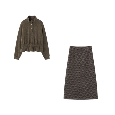 XWI欣未巴恩风针织磨毛卫衣格纹裙套装女秋冬大方得体穿搭一整套