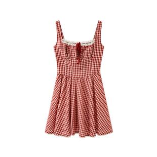 三福连衣裙女2026新款夏季绑带蕾丝格子收腰吊带短裙子女装854902