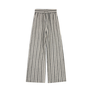 pusumede老钱风亚麻条纹裤松紧腰直筒休闲裤女慵懒松弛感阔腿裤