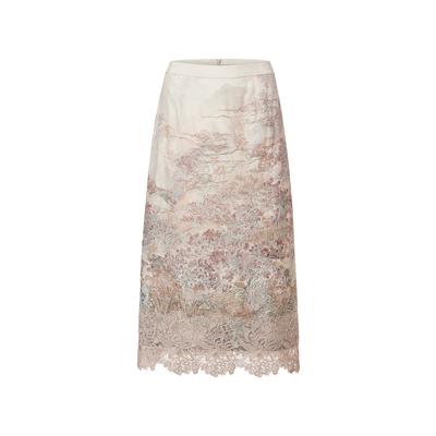 VGRASS丝棉混纺定位蕾丝刺绣半裙