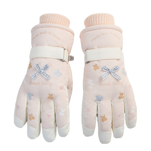 冬季女加厚棉手套可爱蝴蝶结加绒防风骑行登山滑雪防水泼触屏东北