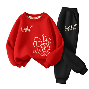迪士尼女童冬装套装2026新款红色女孩加绒加厚卫衣裤子儿童拜年服
