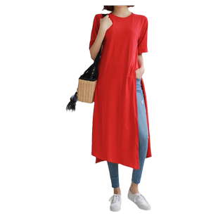 夏季新款短袖T恤女韩版宽松显瘦中长款过膝开叉体恤裙bf风上衣潮