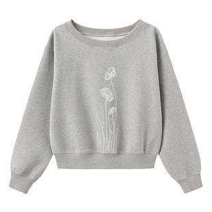 CUBIC圆领斜肩卫衣一字肩蕾丝贴布绣花休闲百搭短款卫衣