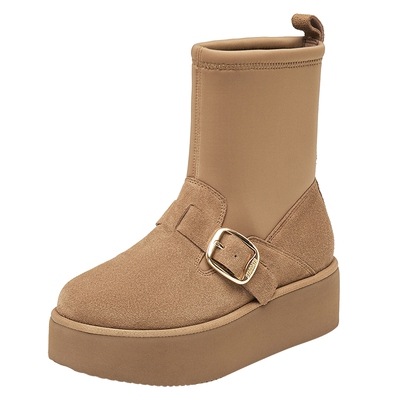 思加图棕色弹力靴厚底增高瘦瘦靴