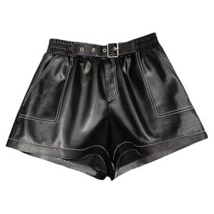 绵羊皮真皮短裤女2023年新款欧洲站高腰A字显瘦百搭阔腿皮裤外穿