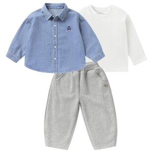 右欧男童女童牛仔衬衫打底衫运动裤三件套儿童套装春秋季新款童装