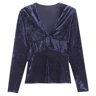 Basic House/百家好粉色丝绒扭结衬衫女2026春季新款V领修身衬衣