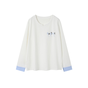 时然大码女装撞色条纹拼接T恤25秋季新款微胖mm显瘦圆领长袖上衣