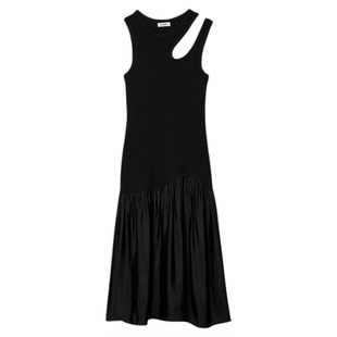 SANDRO春夏女装法式时尚黑色拼接不对称镂空无袖收腰长款连衣裙