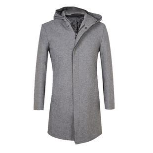 JODOLL乔顿冬季灰色羊毛大衣男士潮流休闲连帽中长款保暖毛呢外套
