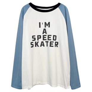 3ts早秋拼接T恤蓝白拼色字母印花圆领纯棉上衣