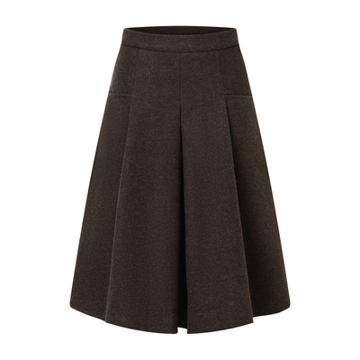 工字褶高腰A字中长款毛呢半身裙