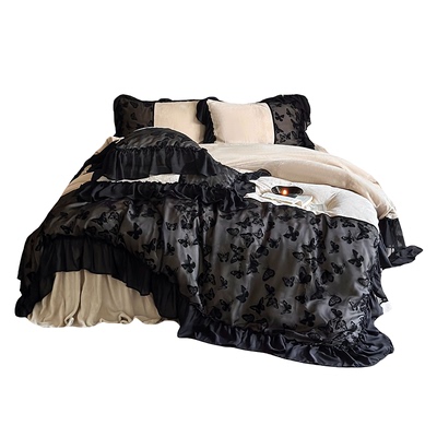 法式公主风蝴蝶蕾丝牛奶绒四件套