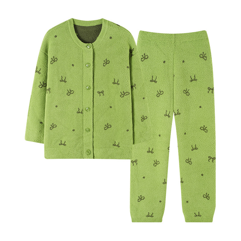 半边绒女开衫绿色睡衣套装家居服
