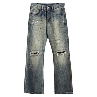 美式高街满天星烫钻破洞牛仔裤男士潮牌宽松直筒微喇2025新款裤子