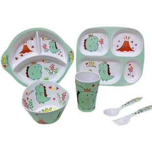 卡通恐龙儿童餐具套装家用分格餐盘宝宝辅食碗水杯勺叉幼儿园饭盘