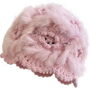 手工钩花兔毛帽子女秋冬显脸小加厚保暖毛绒皮草针织帽毛线包头帽