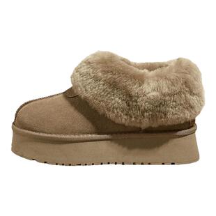 一脚蹬厚底低帮雪地靴保暖毛毛鞋增高女2025冬季新款羊毛加绒棉鞋