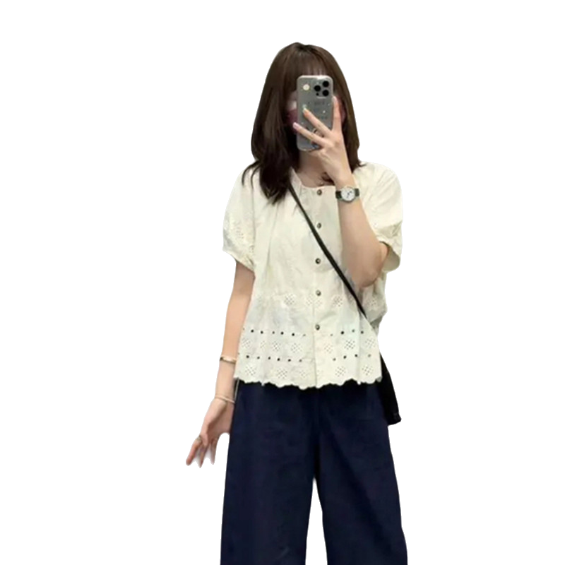 法式镂空蕾丝重工刺绣衬衫女夏季新款设计感甜美减龄薄款短袖小衫