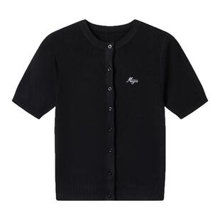 弥古黑色短袖针织衫女高级感刺绣内搭收腰上衣春季薄款毛衣打底衫