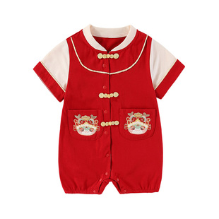 男宝宝夏装连体衣薄款女婴儿衣服夏季外出服满月百天中式红色爬服
