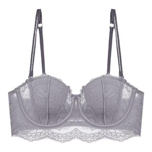 薄款大胸显小胸法式蕾丝内衣女上托防下垂半杯抹胸无肩带文胸套装