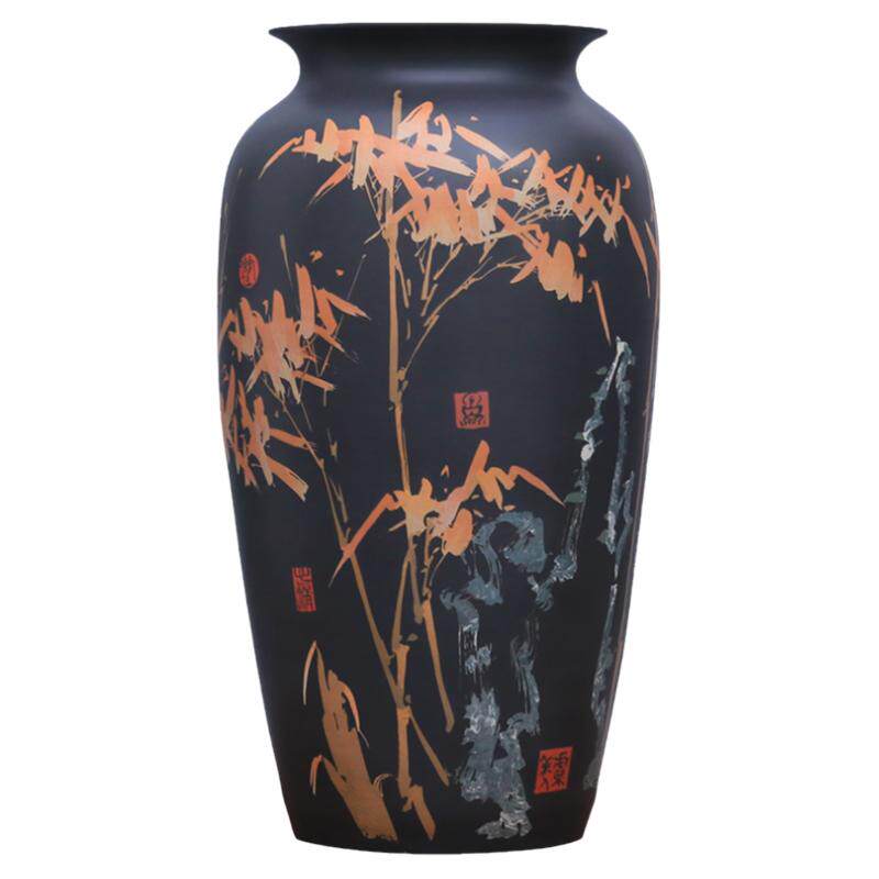 全手工建水紫陶彩填敞口花瓶