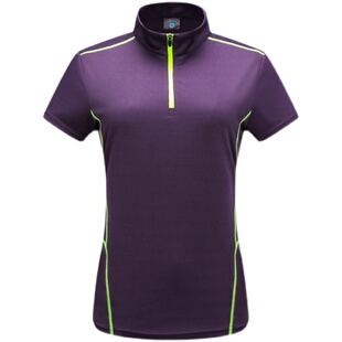 夏季跑步速干衣短袖女立领明线网眼弹力透气户外运动登山T恤女装