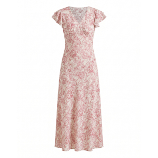 HeyDress100%桑蚕丝法式印花连衣裙女夏季荷叶袖V领度假碎花裙子