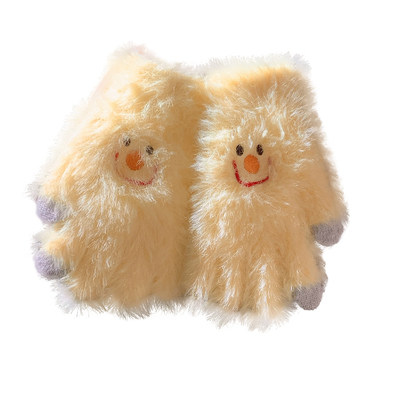 可爱黄色针织毛绒可触屏五指手套