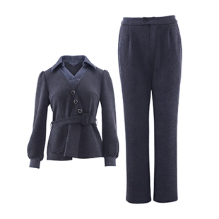 马天奴2025冬新款灰蓝拼接翻领外套休闲裤子长裤两件套装时尚女