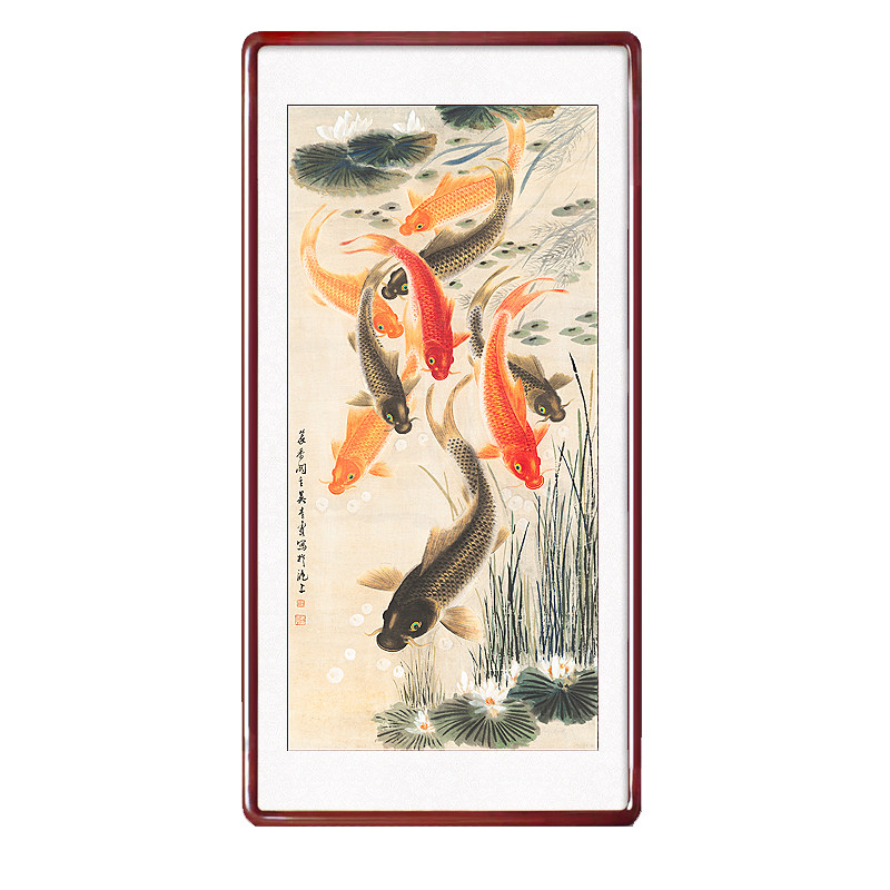 入户玄关走廊过道挂画九鱼图中式壁画装饰国画金线荷花花鸟画