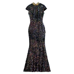 紫缘萱亮片礼服长款宴会晚装气场女王改良鱼尾旗袍弹力主持走秀女