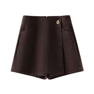 咖色不对称毛呢短裙裤女2025新款秋冬季高腰百搭A字裙裤休闲裤子