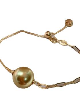 温柔ins风不对称设计纯银抽拉式调节手链 母贝珍珠茶金色正圆强光